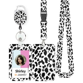 Uniclife Fashionable Sliding ID Badge Holder Snow Leopard Print Plastic Card Holder with Retractable Badge Reel Carabiner Detachable Lanyard Vertical Card Protector for Office Worker Teacher Student