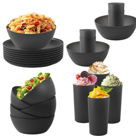 24Pcs Black Plastic Dinnerware Sets,Lightweight Unbreakable Plates and Bowls Sets for Kitchen,Dishes Set for 8，Easy to Clean,for Daily Meals, Parties or Kids' Use.