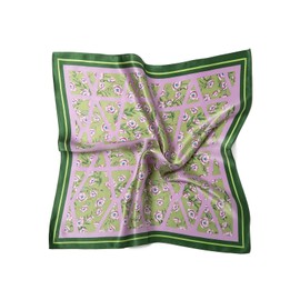 MayTree Silk Scarf, Colourful Neckerchief for Women, 100% Mulberry Silk, Square Dots, Small, 53 x 53 cm, White / Black, Purple Green