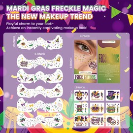 LYNEMOGA Mardi Gras Decorations, Mardi Gras Decor Temporary Tattoos, Mardi Gras Freckles Face Tattoos with Body Glitter Temporary Tattoo Stickers for Women, Teen Girls, Party Costume Outfit Makeup