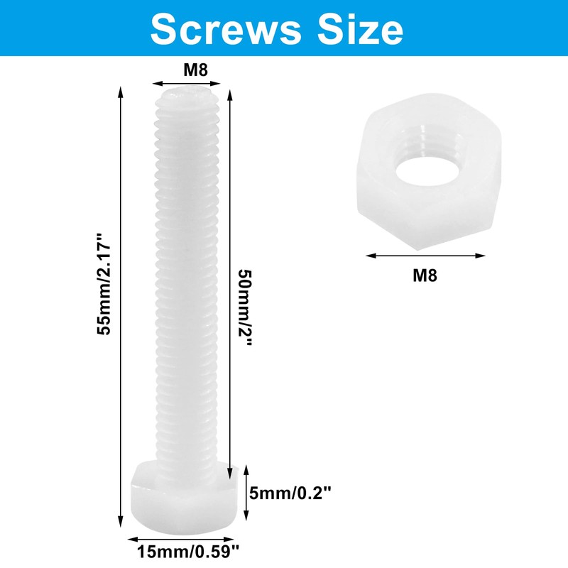 Piutouyar 20 Pair M8x50mm White Nylon Hex Bolts Plastic Hex