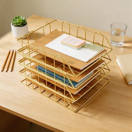 JIARI 4 Pack Desk Organizer Stackable Letter Tray Paper Organizer, Metal Desk Organizer Tray for Letter/A4 Paper Storage, for Office Supplies (Gold 4 Pack)