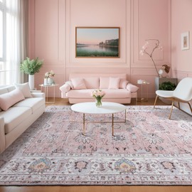 8x10 Pink Washable Area Living Room Rugs, Bedroom Rugs Non Slip Vintage Neutral, Oriental Floral Carpets Modern Stain Resistant Low Pile Thin Soft Dining Room Office Decor