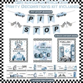 Sonwyoung 19 Pcs Race Car Birthday Party Decorations Boys Two Fast Vintage Birthday Party Decor 2 Fast Dusty Blue Black Wheel Checkered Party Supplies for Baby Shower Race Car Fast One Party