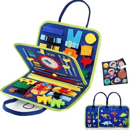 Toddler Learning Busy Board – Montessori Sensory Toy & Travel Activity Book for 2-4 Year Old Boys & Girls, Dinosaur Theme.:_BLUE-Random Design