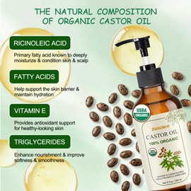8Oz Organic Castor Oil Cold Pressed Hexane Free, USDA Organic 100% Pure For Lashes, Brows, Hair & Skin Includes Glass Bottle with Pump Mascara & Liner Brush Moisturizing, Nourishing, Conditioning
