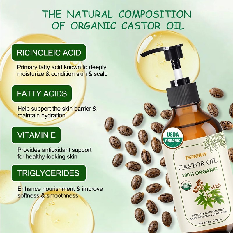 8Oz Organic Castor Oil Cold Pressed Hexane Free, USDA Organic