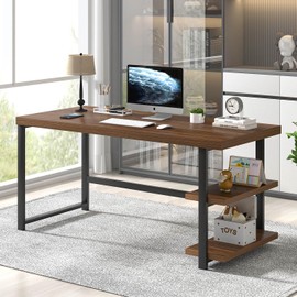 FOLUBAN Modern Computer Desk for Home Office, Large Writing Table with Storage Shelves, Wood and Metal Study Gaming Desk Workstation for Living Room, Rustic Walnut, 60 Inch