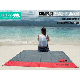 BEARZ Outdoor Beach Blanket/Compact Pocket Blanket 55″x60″ - Lightweight Camping Tarp, Waterproof Picnic Blanket, Festival Gear, Sand Proof Mat for Travel, Hiking, Sports - Packable w/Bag (Red)