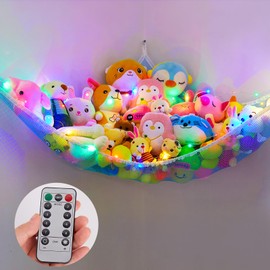MHJY Toy Hammock Stuffed Animals Toy Storage Net with LED Light Large Corner Hanging Soft Cuddly Plush Mesh Organizer with Remote Control 8 Kinds of Llight Mode for Kids Nursery Bedroom