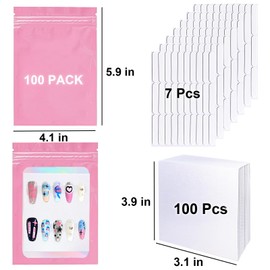 Sawvolker 100 PCS Press On Nails Packaging Bag Holographic Nail Storage Bag and 100PCS Shiny White Pearl Card with 7 Sheets Pre-cut Nail Tape (Pink)