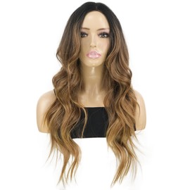 onemily Long Brown Wavy Wig for Women Middle Part Brown Blonde Curly Hair Wig Synthetic Ombre Blonde Brown Curly Long Wigs for Girls Daily Use