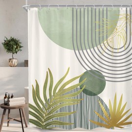 KOMLLEX Mid Century Mint Green Boho Shower Curtain 72Wx84L Inches Abstract Modern Shower Curtains for Bathroom Decor Plant Botanical Minimalist Arch Sun Fabric Liner Waterproof Polyester 12 Pack Hooks