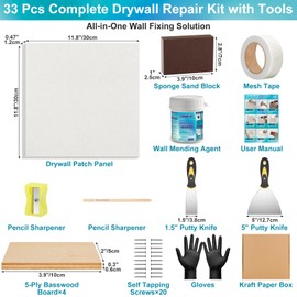 Drywall Repair Kit with 12"x12" Dry Wall Repair Panel, 33-in-One Drywall Patch Kit Wall Patch Repair Kit with Spackle, Mesh Tape, Putty Knives & Sanding Block for Wall Surface Ceiling Large Hole Fill