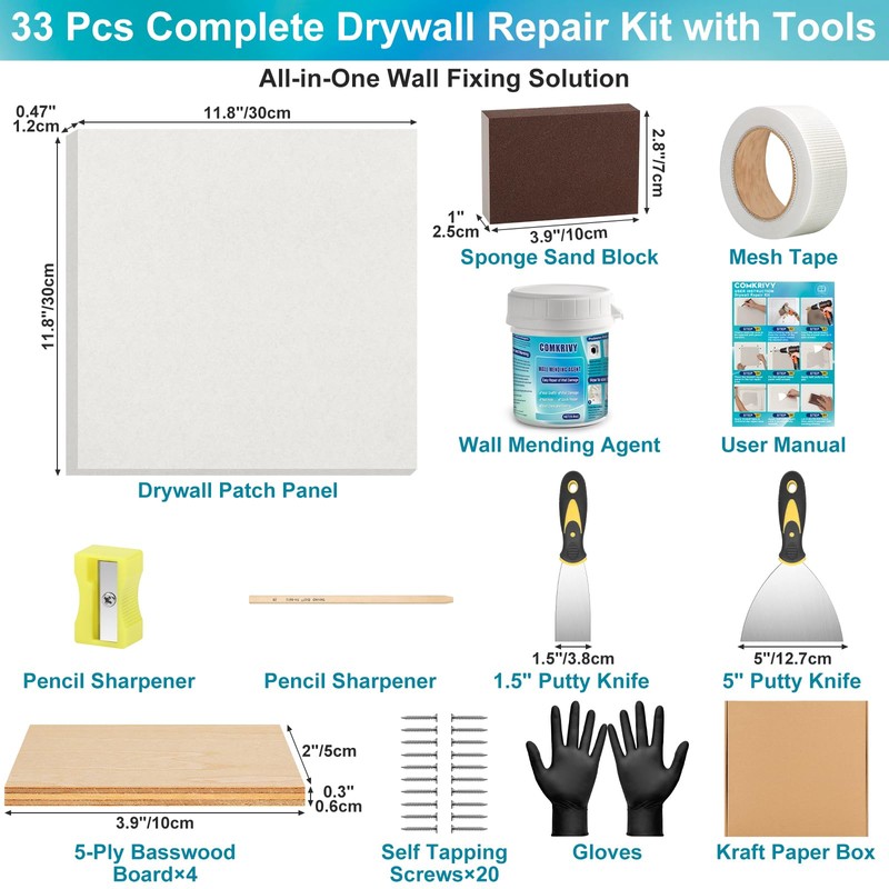 Drywall Repair Kit with 12"x12" Dry Wall Repair Panel, 33-in-One