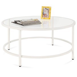 Best Choice Products 36in Modern Round Tempered Glass Accent Side Coffee Table for Living Room, Dining Room, Tea, Home Décor w/Metal Frame, Non-Marring Foot Caps - White