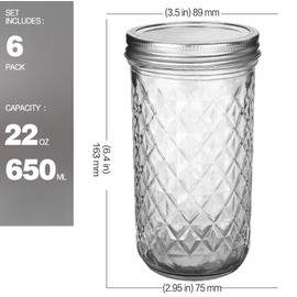 VERONES Wide Mouth Mason Jars 22 oz, 22 OZ Mason Jars Canning Jars Jelly Jars With Wide Mouth Lids, Ideal for Jam, Honey, Wedding Favors, Shower Favors, 6 PACK,EXTRA 6 Lids with Straw Hole