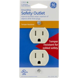 GE Grounding Duplex Outlet, In Wall Receptacle, Tamper Resistant Outlets, 3 Prong Electrical Socket, Easy Install, 15 Amp, UL Listed, Light Almond, 17815