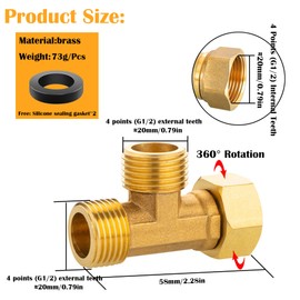 Pack of 2 Brass T-Piece Swivel Pipe Fittings 1/2 Inch, AGxAGxIG T-Piece Water Connection DN15, 3-Way T-Connector Coupling Suitable for Drinking Water, Refrigeration System, Air Conditioning
