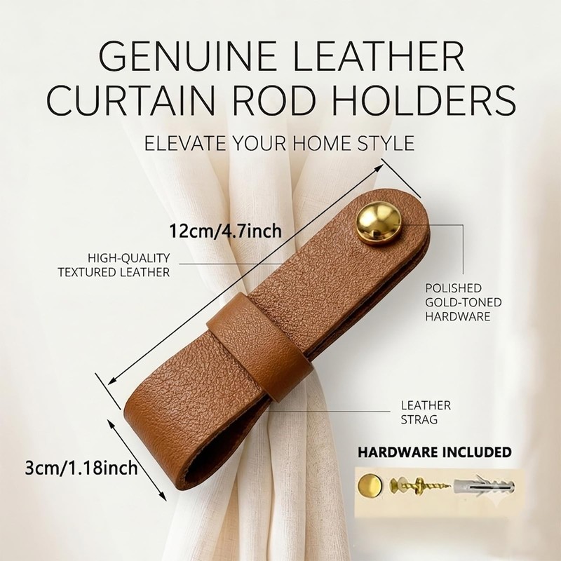 Genuine Leather Curtain Rod Holders 4PK, Brown Leather Wall Straps