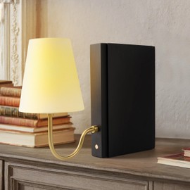 AELS Wooden Bookshelf Lamp with Bulb, Table Lamp with Linen Shade, 3-Color Dimmable Touch Control, Modern Decorative Bookend, Book Sconce for Office Home Bedroom Bookshelf, Black