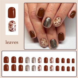 Autumn Press on Nails Short Square Fall Flower Fake Nails Brown Solid Color Glitter False Nails with Designs Full Cover Floral Glue on Nails Reusable Stick on Nails for Women DIY Fall Nails Art,24Pcs