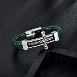 Veshon Men's Leather Cross Bracelet, Stainless Steel Religious Sideway Cross Faith Bracelet Bangle Christian Prayer Jewelry Gift for Men, 9.1 Inch