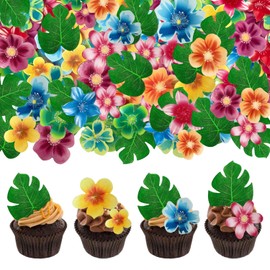 88pcs Tropical turtle back cupcake decoration, edible wafer paper green leaves colorful flowers Hawaiian series theme wedding birthday party plug-in(Turtle back leaves + flowers mixed 88 pcs)