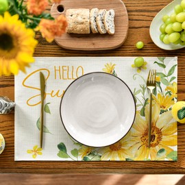 Artoid Mode Hello Sunshine Sunflower Summer Placemats Set of 4, 12x18 Inch Seasonal Spring Holiday Table Mats for Party Kitchen Dining Decoration