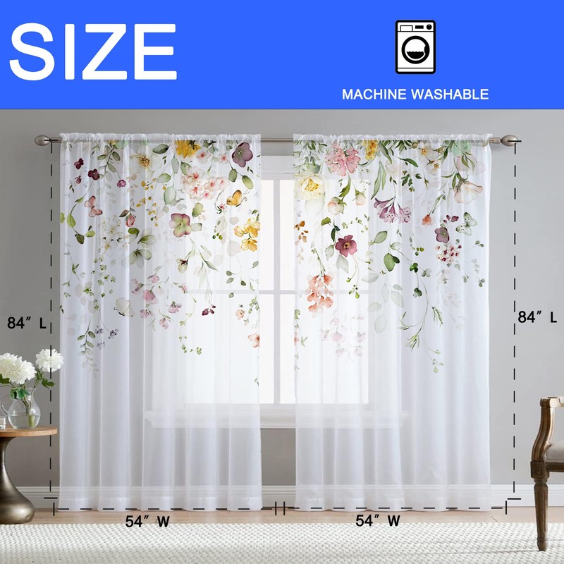 Fereyis - Cortinas transparentes florales para sala de estar de