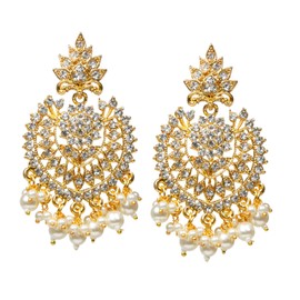 Bindhani Indian Bollywood Style White Stones Chandbali Earrings For Women (Gold-Plated)