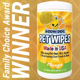 Bodhi Dog Pet Wipes | Wipes for Dog Grooming | Wipe Away Pet Odors & Deodorizes Coat | No Parabens or SLS | Large Wet & Thick Pet Wipes | Best for Cleaning Dogs and Cats (Mango, 75CT)