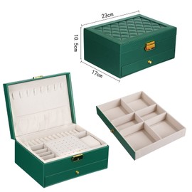 YOCOLE Jewellery Box, 2 Tier Jewellery Storage, Travel PU Leather, Jewellery Organisers for Rings, Earrings, Necklaces and Watches, with Lock and Key, Dark Green