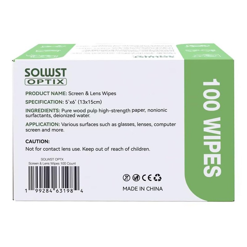 SOLWST Optix Lens Cleaning Wipes - 100 Pre-Moistened, Individually Wrapped