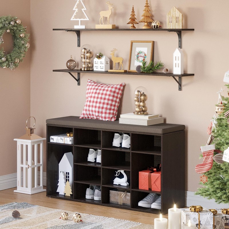 DINZI LVJ Shoe Storage Bench with Cushion, 16-Cubby Shoe Rack,