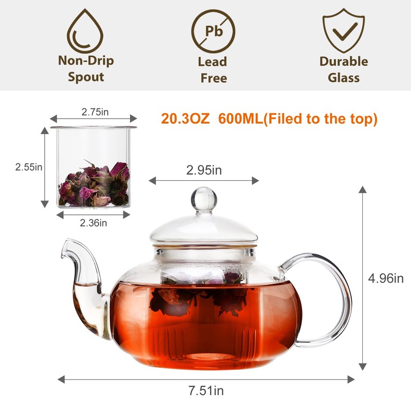 CnGlass 33.8oz Glass Teapot with Removable Infuser,Stovetop Safe Tea Kettle
