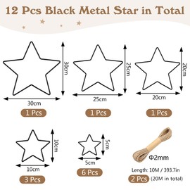 Pack of 12 Metal Stars 30/25/20/10/5 cm, Black Christmas Decoration, Metal Stars for Hanging with 20 m Jute String for Dream Catcher, Wall Decoration, Christmas Decoration