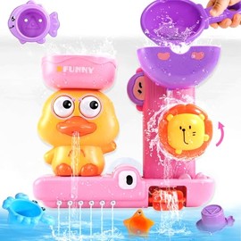 Baby Bath Toys, Bath Toys for 1 Year Old Girls- Water Play Toys for 1-3 Year Old Girls Gifts, Cute Duck Pink Toddler Toy with 1 Spoon and 3 Stackable Animal Cups, Gifts for 1 Year Old Girl