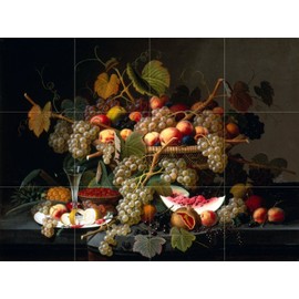 Still Life with Fruit by Severin Roesen Tile Mural Kitchen Bathroom Wall Backsplash Behind Stove Range Sink Splashback 4x3 4.25" Ceramic, Matte