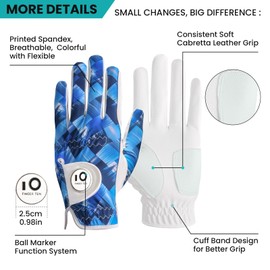 FINGER TEN Golf Gloves Men Left Hand Right with Ball Marker Cabretta Leather Weathersof Value Pack,Mens Golf Glove Fashion Pattern Wear Resistant (Navy, M,Left)