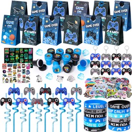 ESAG 124Pcs Video Game Party Favors Gamer Birthday Supplies - Controller Straw Paper Bag Stamper Bracelet Glow Sticker Keychain Vinyl Sticker Pinata Filler Goodie Stuffer Boy Kids Game On Gaming Decor