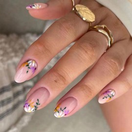 Flower Press on Nails Short Oval Fake Nails Floral False Nails with Design Leaf Spring Glossy Full Cover Acrylic Glue on Nails Artificial Stick on Nails for Women Manicure 24Pcs