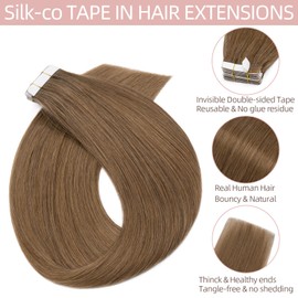 Silk-co 16inch Tape in Hair Extensions 40Pcs Real Human Hair Extension 100g #06 Light Brown Skin Weft Seamless Straight Full Head
