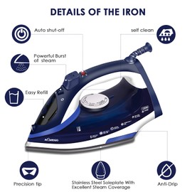 AEMEGO Steam Iron for Clothes Lightweight Portable Iron with Non Stick Ceramic Soleplate Anti Drip Vertical Irons for Ironing Clothes Self-Clean Auto-Off Function Small Size for Home Travel…