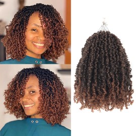 Ainimiu Yanky Twist Crochet Hair - 14Inch 8 Packs (20 Strands/Pcs) Pre-twisted Fluffy Spring Mini Twist Short Passion Twist, Ombre Brown Pre-Looped Crochet Braids Braiding Hair