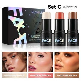 3PCS Gesicht Kontur Sticks Set, Kontur Stick mit Highlighter, Bronzer und Blush Shades, einfach anzuwenden mit baubarer Abdeckung, lang anhaltende (#C, 40g)