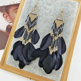 Women Faux Feather Earrings Bohemian Seed Beaded Earrings with Feather Tassel for Women(ER1196)