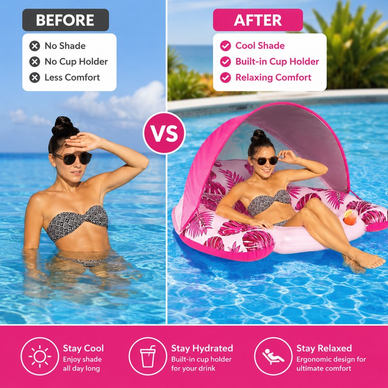 Inflatable Pool Lounge Float for Adults – UPF50+ Canopy, Cup