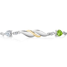 Gem Stone King 925 Sterling Silver and 10K Yellow Gold Green Peridot White Moissanite and Lab Grown Diamond Tennis Bracelet For Women (0.94 Cttw, Gemstone Birthstone, Fully Adjustable Up to 9 Inch)