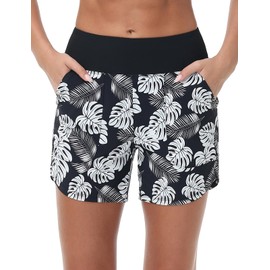 Baleaf - Pantalones cortos de natación de cintura alta para mujer, de secado rápido, con bolsillos, Blanco (White Leaf), X-Small
